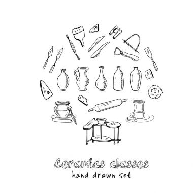Elle çizilmiş doodle seramik sınıfları kümesi.