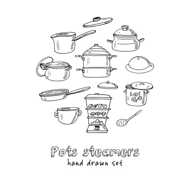 Hand getrokken doodle potten steamers set. — Stockvector