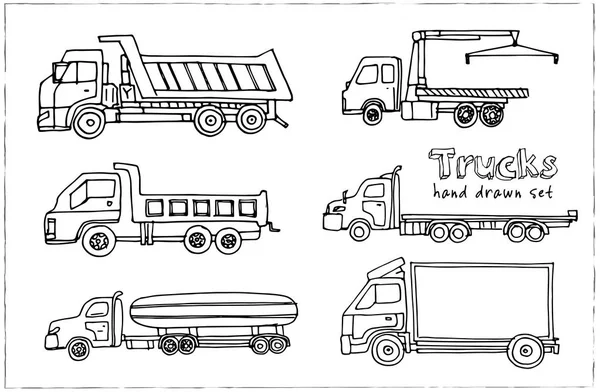 Juego de camión de garabatos dibujado a mano. Ilustración vectorial. Elementos aislados sobre fondo blanco . — Vector de stock