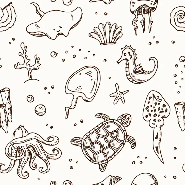 Elle çizilmiş doodle deniz hayat seamless modeli — Stok Vektör