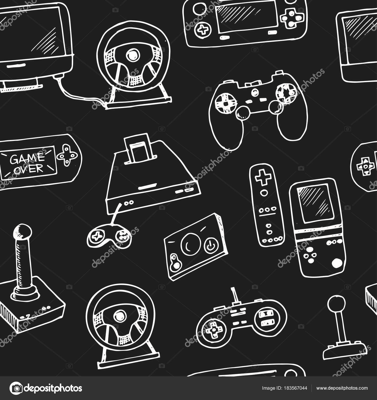 Set of doodle vector icons related to computer games. Joysticks