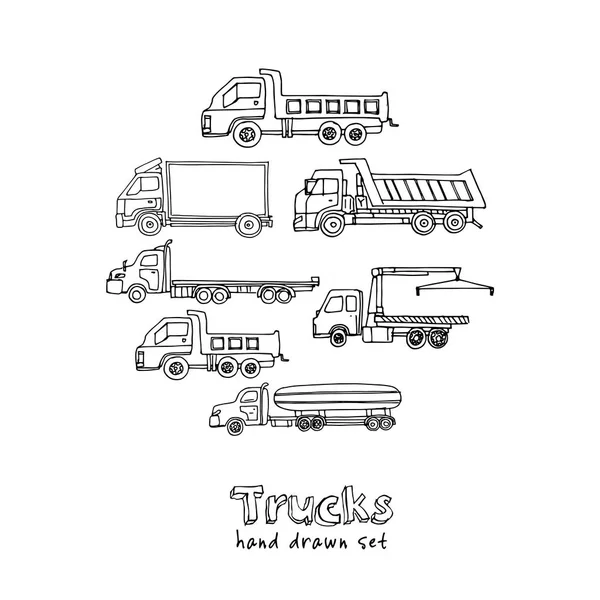 Juego de camión de garabatos dibujado a mano. Ilustración vectorial. Elementos aislados sobre fondo blanco . — Vector de stock