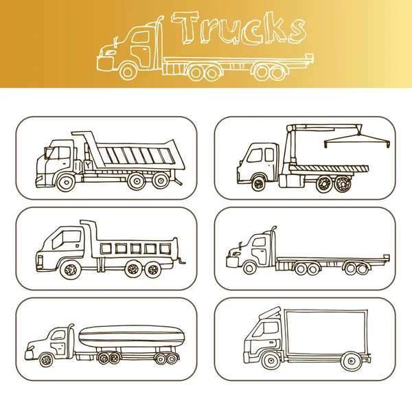 Conjunto de caminhões de rabiscos desenhados à mão. Ilustração vetorial. Elementos isolados sobre fundo branco . — Vetor de Stock