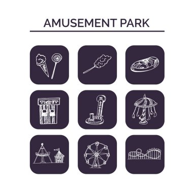 Eğlence Parkı elle çizilmiş doodle küme. Çizimler. Vektör çizim tasarım ve paketleri bir ürün için. Sembol koleksiyonu. Kara tahta arka plan üzerinde izole öğeleri.