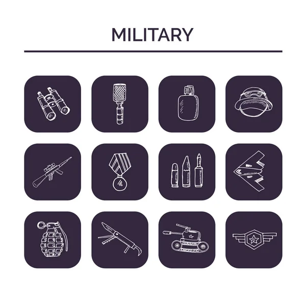 Militärhandgezeichnetes Doodle-Set. Skizzen. Vektor-Illustration für Design und Verpackungen Produkt. Symbolsammlung. isolierte Elemente auf Tafelhintergrund. — Stockvektor