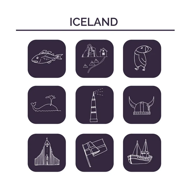 Ισλανδία χέρι doodle που. Σκίτσα. Εικονογράφηση φορέα για το σχεδιασμό και τα πακέτα προϊόντων. Σύμβολο συλλογή. Απομονωμένων στοιχείων σε πίνακα κιμωλίας φόντο. — Διανυσματικό Αρχείο