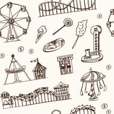 Eğlence Parkı elle çizilmiş doodle seamless modeli. Çizimler. Vektör çizim tasarım ve paketleri bir ürün için. Sembol koleksiyonu. Beyaz arka plan üzerinde izole öğeleri.