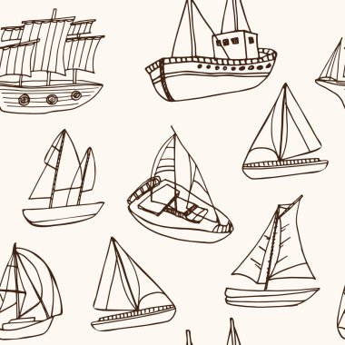 Çizilmiş doodle seamless modeli yelkenli gemi ver. Çizimler. Vektör çizim tasarım ve paketleri bir ürün için. Sembol koleksiyonu. Beyaz arka plan üzerinde izole öğeleri.