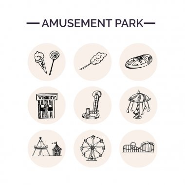 Eğlence Parkı elle çizilmiş doodle küme. Çizimler. Vektör çizim tasarım ve paketleri bir ürün için. Sembol koleksiyonu. Beyaz arka plan üzerinde izole öğeleri.