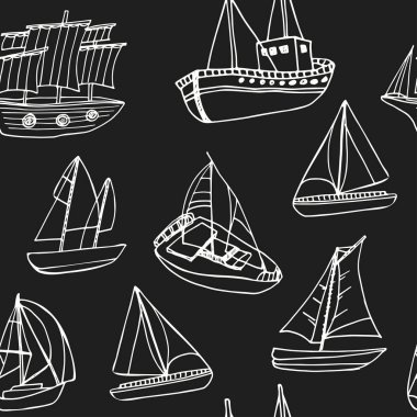 Çizilmiş doodle seamless modeli yelkenli gemi ver. Çizimler. Vektör çizim tasarım ve paketleri bir ürün için. Sembol koleksiyonu. Blackboard arka plan üzerinde izole öğeleri.