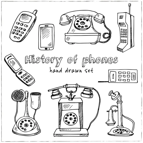 Geschiedenis van telefoons hand getrokken doodle instellen. Schetsen. Vectorillustratie voor product design en pakketten. Symbool collectie. Geïsoleerde elementen op witte achtergrond. — Stockvector