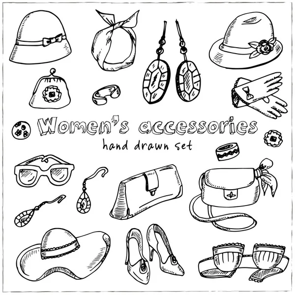 Accessoires pour femmes gribouillis dessiné à la main. Des croquis. Illustration vectorielle pour le produit design et packaging. Collection de symboles. Eléments isolés sur fond blanc . — Image vectorielle