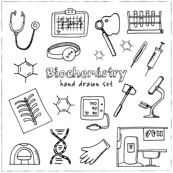 Bioquímica mão desenhado doodle set. Esboços. Ilustração vetorial para produtos de design e embalagens. Coleção de símbolos. Elementos isolados sobre fundo branco . —  Vetores de Stock