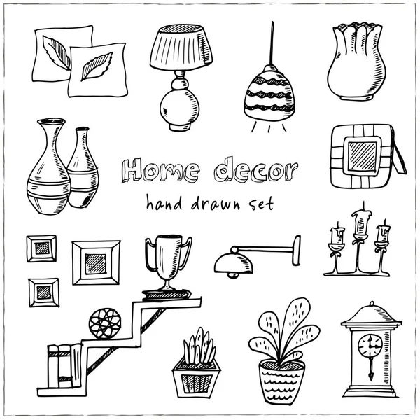 Home decor hand drawn doodle set. Sketches. Vector illustration for design and packages product. Symbol collection. Isolated elements on white background. — Stock Vector