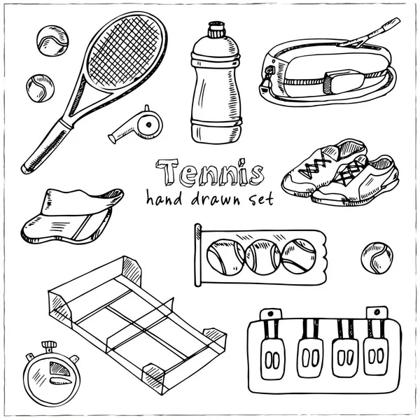 Tennis handgezeichnetes Doodle-Set. Skizzen. Vektor-Illustration für Design und Verpackungen Produkt. Symbolsammlung. isolierte Elemente auf weißem Hintergrund. — Stockvektor