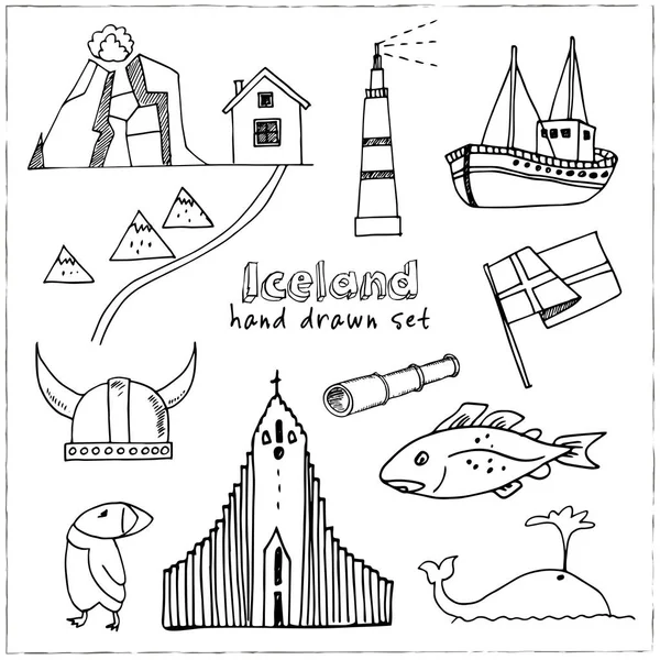 Islandia tangan digambar doodle set. Sketsa. Vektor ilustrasi untuk desain dan paket produk. Simbol koleksi. Unsur terisolasi pada latar belakang putih . - Stok Vektor