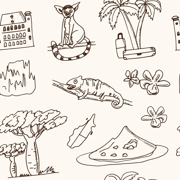 Madagascar disegnato a mano modello doodle senza cuciture. Schizzi. Illustrazione vettoriale per prodotti di design e confezioni. Collezione di simboli. Elementi isolati su sfondo bianco . — Vettoriale Stock