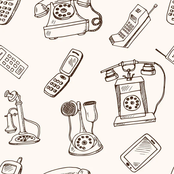 Historia av telefonerna handen ritade doodle sömlösa mönster. Skisser. Vektorillustration för design och paket produkt. Symbolen samling. Isolerade element på vit bakgrund. — Stock vektor