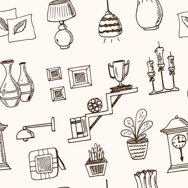 Εγχώριο ντεκόρ χέρι doodle χωρίς ραφή πρότυπο. Σκίτσα. Εικονογράφηση φορέα για το σχεδιασμό και τα πακέτα προϊόντων. Σύμβολο συλλογή. Απομονωμένα στοιχεία σε άσπρο φόντο. — Διανυσματικό Αρχείο