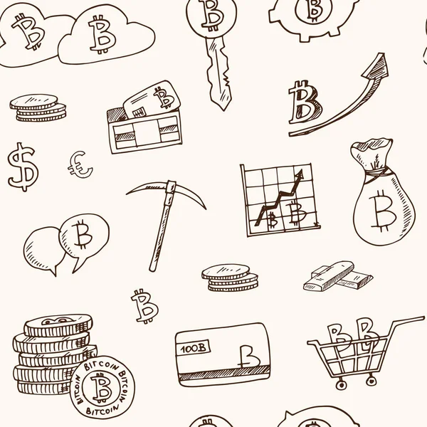 Bitcoin elementy strony wzór bezszwowe ciągnione doodle. Szkice. Ilustracja wektorowa pakiety i projektowania produktu. Kolekcja symbol. Zablokowanych elementów na białym tle. — Wektor stockowy