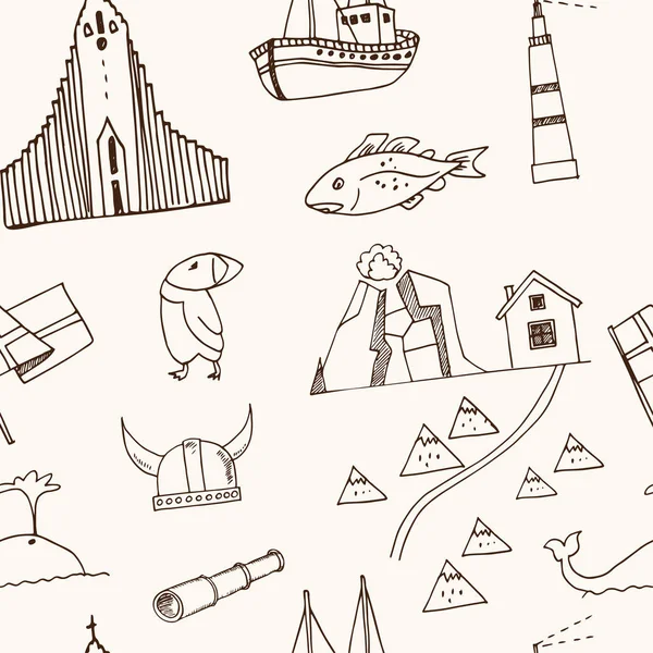 Iceland hand drawn doodle seamless pattern. Sketches. Vector illustration for design and packages product. Symbol collection. Isolated elements on white background.