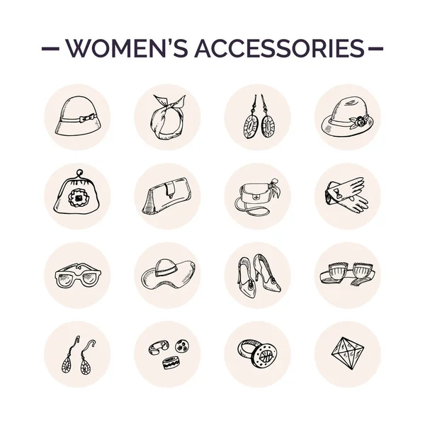 Γυναικεία αξεσουάρ το χέρι συντάσσονται doodle σύνολο. Σκίτσα. Εικονογράφηση φορέα για το σχεδιασμό και τα πακέτα προϊόντων. Σύμβολο συλλογή. Απομονωμένα στοιχεία σε άσπρο φόντο. — Διανυσματικό Αρχείο