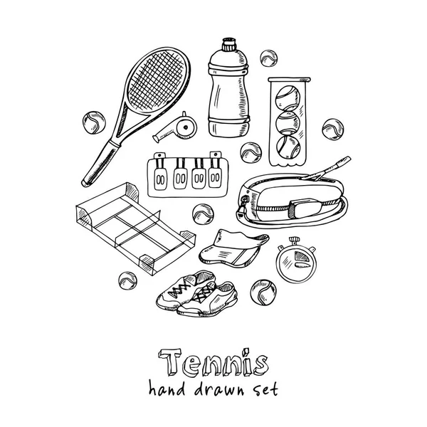 Τένις το χέρι συντάσσονται doodle σύνολο. Σκίτσα. Εικονογράφηση φορέα για το σχεδιασμό και τα πακέτα προϊόντων. Σύμβολο συλλογή. Απομονωμένα στοιχεία σε άσπρο φόντο. — Διανυσματικό Αρχείο