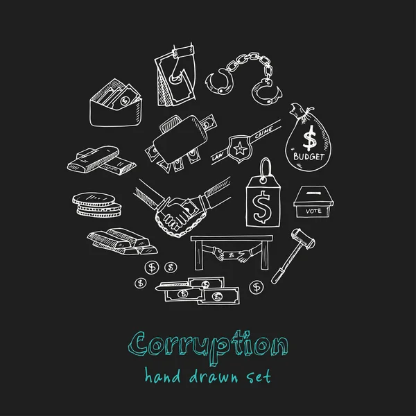 Corruptie hand getrokken doodle set. Schetsen. Vectorillustratie voor product design en pakketten. Symbool collectie. Geïsoleerde elementen op witte achtergrond. — Stockvector