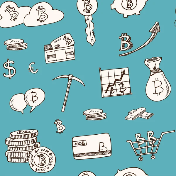 Elementos Bitcoin desenhado à mão doodle padrão sem costura. Esboços. Ilustração vetorial para produtos de design e embalagens . —  Vetores de Stock