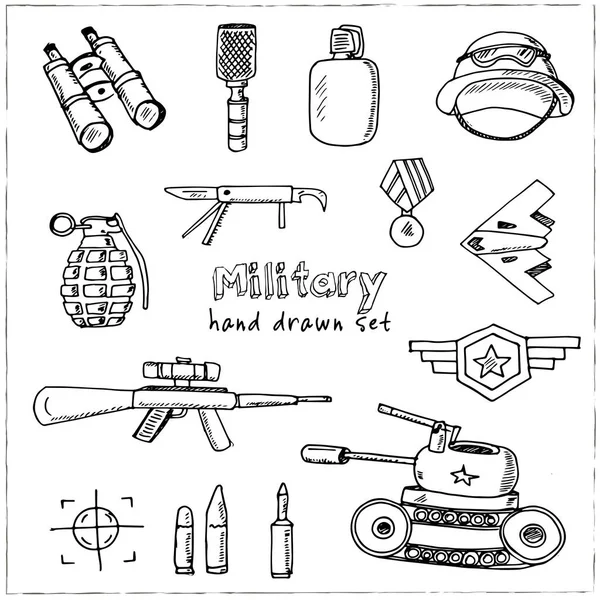 Vojenské ručně kreslenou doodle sada. Náčrtky. Vektorové ilustrace pro design a balíčky produktů. Symbol kolekce. Izolovaných prvků na bílém pozadí. — Stockový vektor