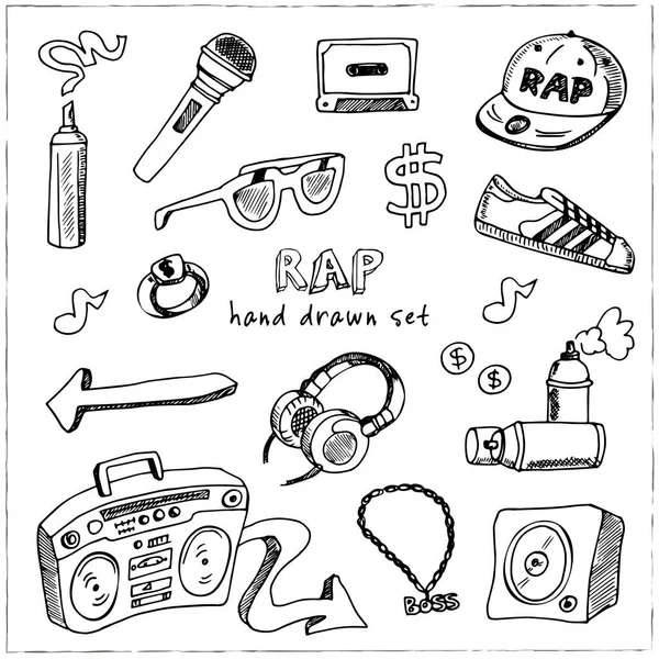 Rap hand getrokken doodle set. Schetsen. Vectorillustratie voor product design en pakketten. Symbool collectie. Geïsoleerde elementen op witte achtergrond. — Stockvector