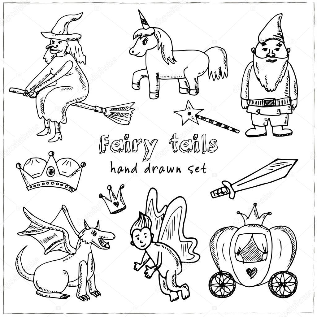 Fairy tails hand drawn doodle set. Sketches. Vector illustration for design and packages product. Symbol collection. Isolated elements on white background.
