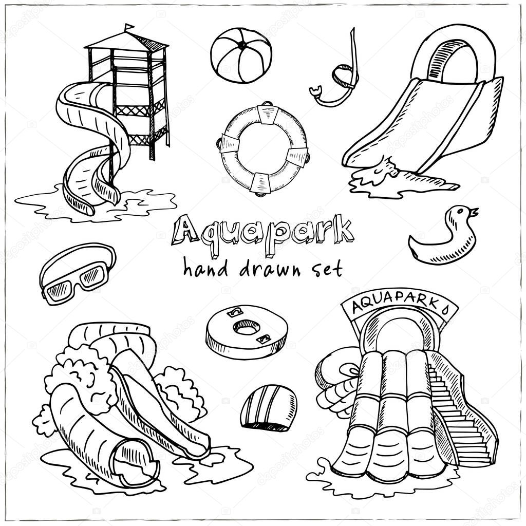 Aquapark hand drawn doodle set. Sketches. Vector illustration for design and packages product. Symbol collection. Isolated elements on white background.