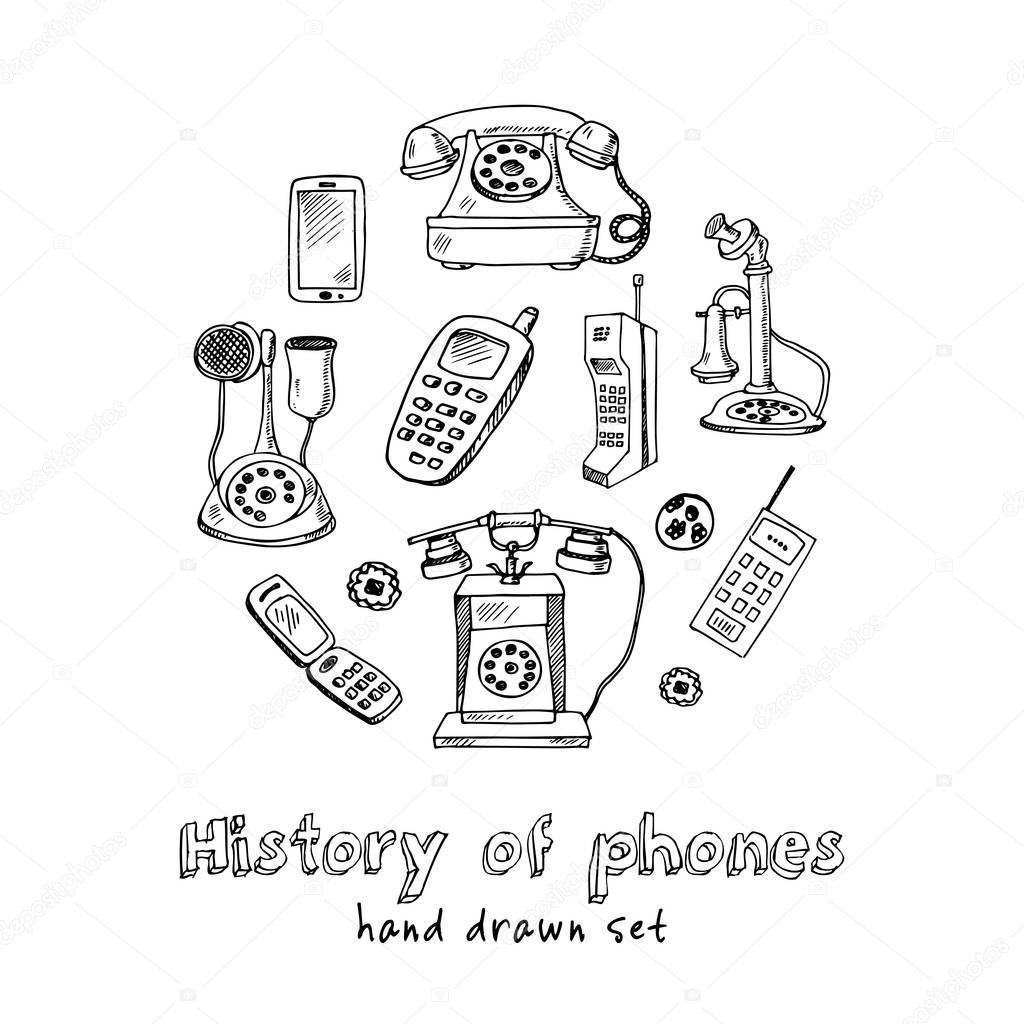 History of phones hand drawn doodle set. Sketches. Vector illustration for design and packages product. Symbol collection. Isolated elements on white background.