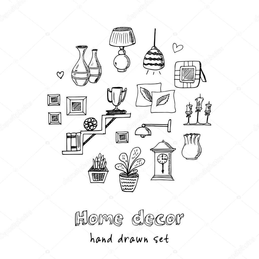Home decor hand drawn doodle set. Sketches. Vector illustration for design and packages product. Symbol collection. Isolated elements on white background.