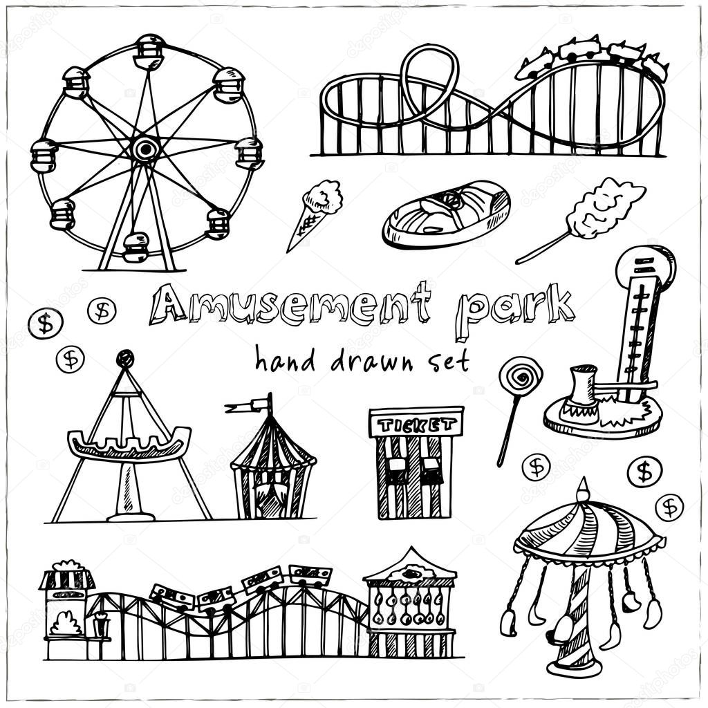 Amusement park hand drawn doodle set. Sketches. Vector illustration for design and packages product. Symbol collection. Isolated elements on white background.