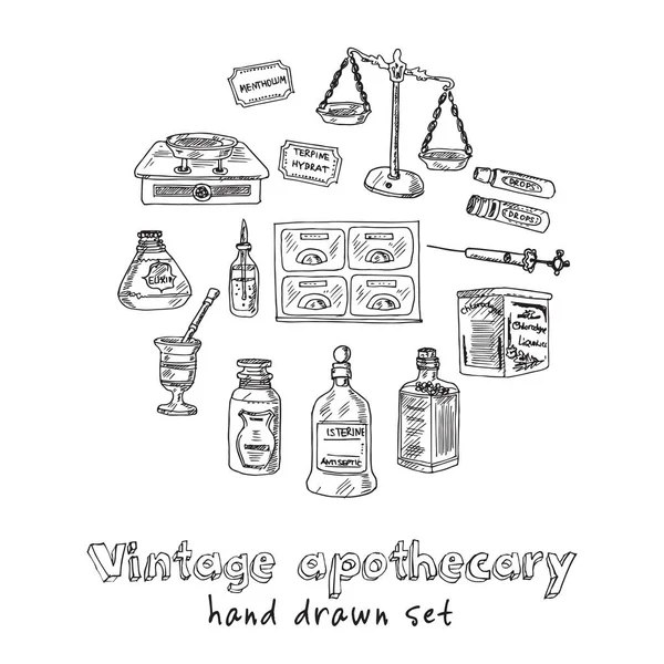 Set di scarabocchi disegnati a mano farmacia vintage. Illustrazione vettoriale. Elementi isolati su sfondo bianco. Collezione di simboli . — Vettoriale Stock