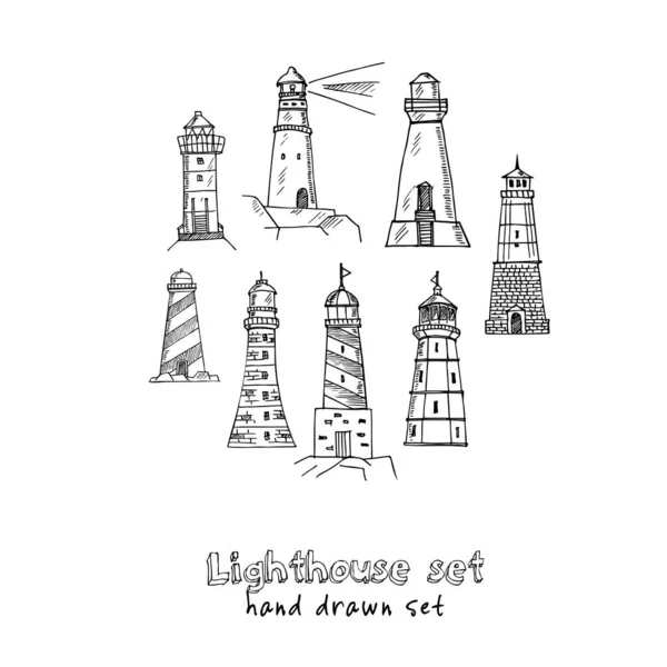 Vector set of cartoon flat lighthouses. Searchlight towers for maritime navigational guidance — Stock Vector