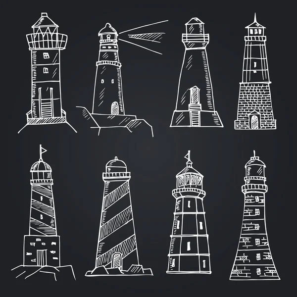 Vector set cartoon platte vuurtorens. Zoeklicht torens voor maritieme navigatie begeleiding — Stockvector