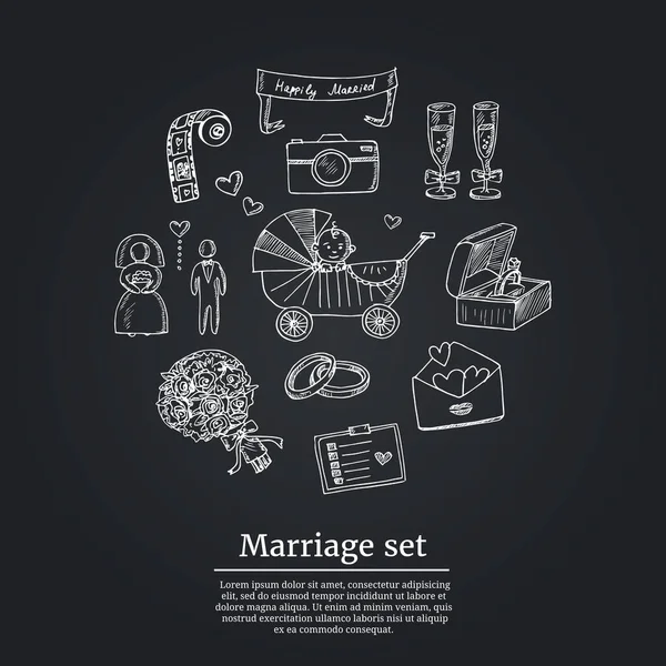 Boda, matrimonio, conjunto de iconos de bosquejo nupcial. Ilustración vectorial aislada — Vector de stock