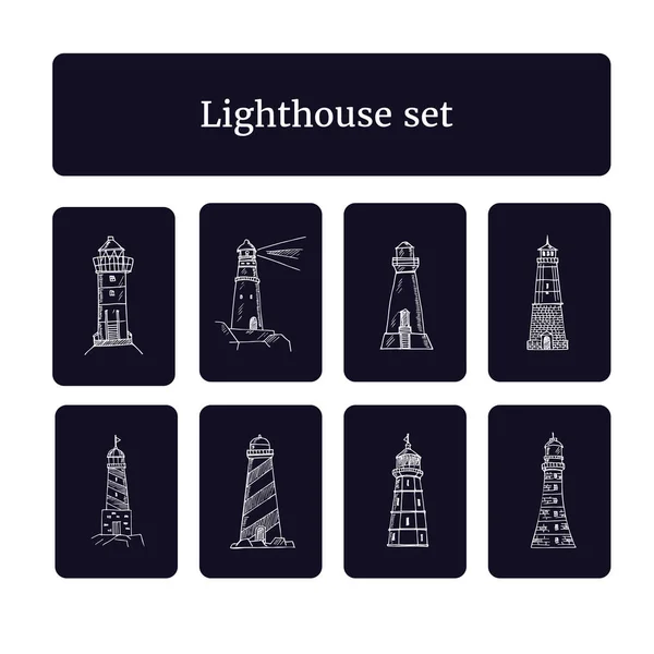 Vektor-Set von Cartoon-Leuchttürmen. Suchscheinwerfermasten für die Seeschifffahrt — Stockvektor