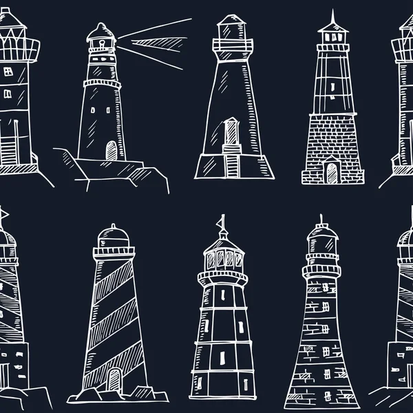 Conjunto vetorial de faróis planos de desenhos animados. Torres de holofotes para orientação de navegação marítima —  Vetores de Stock