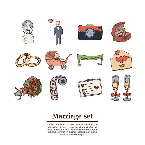 Boda, matrimonio, conjunto de iconos de bosquejo nupcial. Ilustración vectorial aislada — Vector de stock