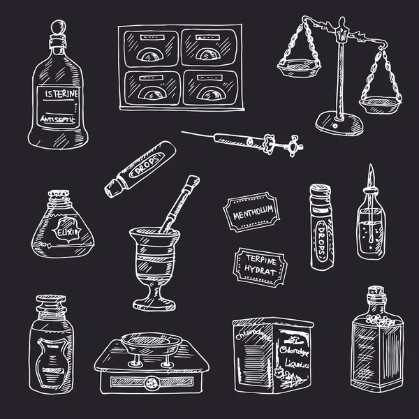 Vintage Apotheke handgezeichnetes Doodle Set. Vektorillustration. Vereinzelte Elemente auf weißem Hintergrund. Symbolsammlung. — Stockvektor