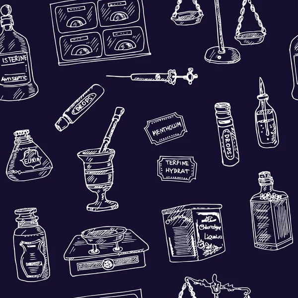 Set di scarabocchi disegnati a mano farmacia vintage. Illustrazione vettoriale. Elementi isolati su sfondo bianco. Collezione di simboli . — Vettoriale Stock