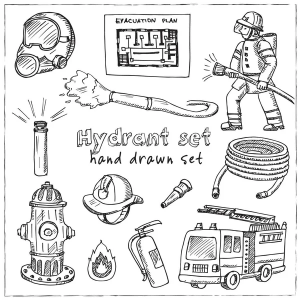Hydrant hand drawn doodle set.Isolated elements on white background. Symbol collection. — Stock Vector