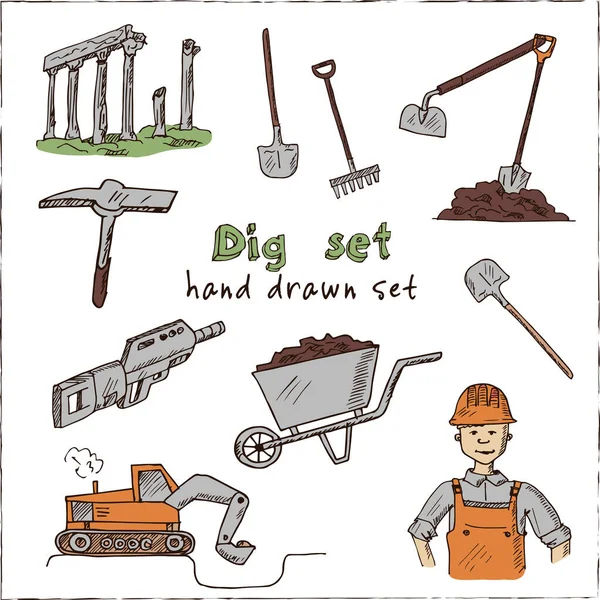 Dig hand drawn doodle set. Vector illustration. Isolated elements on white background. Symbol collection. — Stock Vector