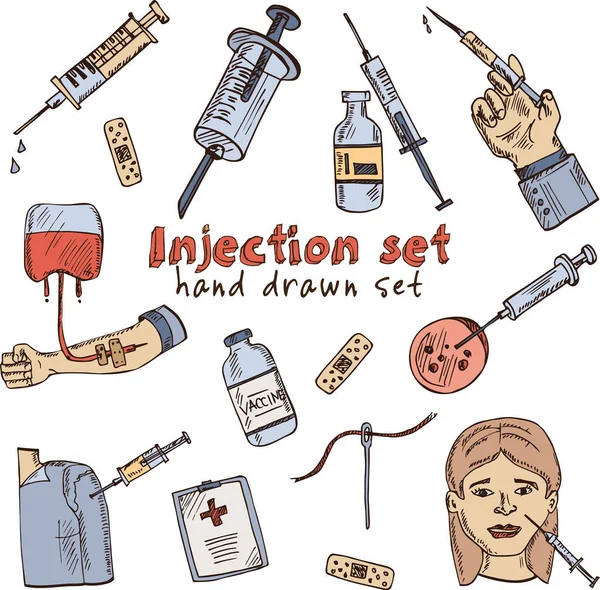 Injectie hand getekend doodle set. Geïsoleerde elementen op witte achtergrond. Verzameling van symbolen. — Stockvector