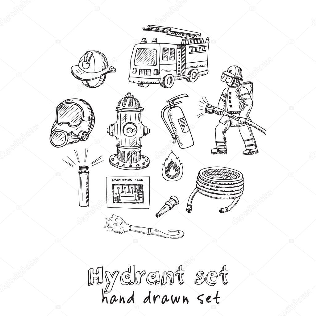 Hydrant hand drawn doodle set.Isolated elements on white background. Symbol collection.