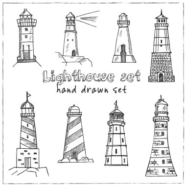 Deniz feneri çizim seti. Beyaz arka planda izole elementler. Sembol koleksiyonu.